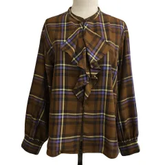 ニコアンド Niko and.. シャツ ブラウス フリル バンドカラー チェック 長袖 M 茶 黄 ブラウン イエロー