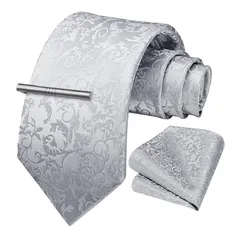 [HISDERN] 結婚式 ネクタイ メンズ シルバー 花柄 ネクタイ チーフ タイクリップ 3点セット 礼服用 ビジネス 就活 卒業式 プレゼント A3-02