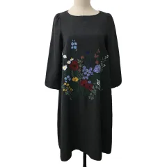 アナトリエ ANATELIER ワンピース フレア ロング ウール マルチカラー 七分袖 38 グレー 赤 レッド