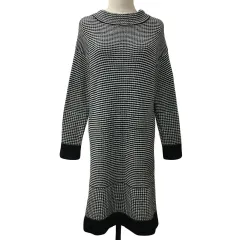 エニィファム anyFam ワンピース ニット Iライン プルオーバー 膝丈 ボーダー アンゴラ混 長袖 F 黒 白 ブラック ホワイト