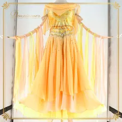 社交ダンス 衣装 スタンダードドレス ワンピース スタンダード フロート レース デモ 競技 ダンス パーティ 発表会 黄色 オレンジ 落ち感 明るい オレンジ系 イエロー系 フリンジ 豪華 軽量 シフォン おしゃれ 可愛い ふんわり カラフル ダンスウェア