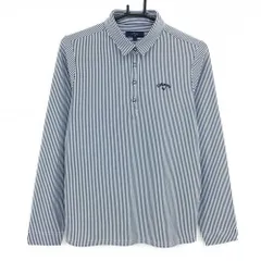 【超美品】キャロウェイ 長袖ポロシャツ 白×ネイビー ストライプ柄 ロゴ刺しゅう レディース L ゴルフウェア Callaway