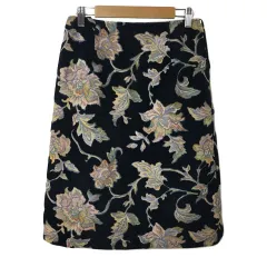 アナトリエ ANATELIER スカート 台形 膝丈 花柄 マルチカラー ベロア調 ジャガード 38 紺 ベージュ ネイビー