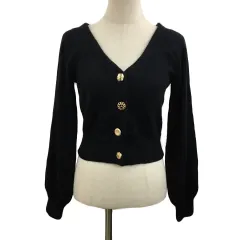 ロイヤルパーティー ROYAL PARTY カーディガン ニット Vネック 無地 パフスリーブ ショート 長袖 F 黒 金 ブラック ゴールド