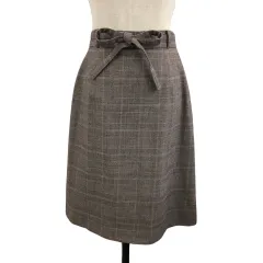 クミキョク 組曲 KUMIKYOKU スカート 台形 膝丈 グレンチェック ウエストベルト ウール 2 茶 ベージュ ブラウン