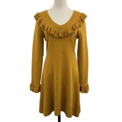 スライ SLY ワンピース ニット Aライン フレア ミニ フリル 無地 長袖 1 黄 マスタード イエロー