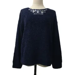 N.Natural Beauty Basic N.ナチュラルビューティーベーシック セーター ニット プルオーバー ラウンドネック ビジュー ネップ 無地 長袖 M 紺 ネイビー