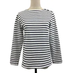 エーグル AIGLE カットソー Tシャツ プルオーバー ボートネック ボーダー 刺繍 ロゴ 長袖 38 白 黒 ホワイト ブラック