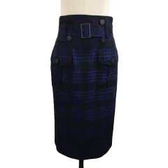 ボディドレッシングデラックス BODY DRESSING Deluxe スカート タイト ひざ丈 ハイウエスト ベルト ウール チェック 38 紺 黒 ネイビー ブラック