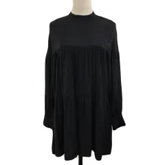 ディスコート Discoat チュニック ブラウス カットソー プルオーバー バンドカラー ティアード ギャザー 無地 長袖 F 黒 ブラック