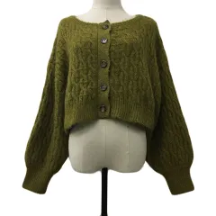 アンドサーチ AND SEARCH カーディガン ニット ラウンドネック ショート丈 ケーブル編み シャギー M 緑 黄 グリーン イエロー