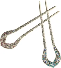 【2個セット！】ヴィンテージかんざし ダブルプロングヘアピン 合金製ラインストーン装飾 レディース パーティー お祝い用ヘアアクセサリー  b-220