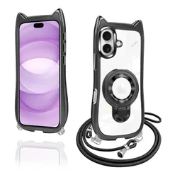iphone 17 ケース クリア リング付き 猫耳 ネコミミ MagSafe対応 いphone 17 ケース ワイヤレス充電 アイフォン17 スマホケース 透明 TPU 多機能 マグネット搭載 縦横両対応 車載対応 ネック ショルダー 肩掛け 首掛け 斜めが