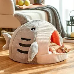 猫 犬 ベッド　サメ型ペットベッド ふわふわ　暖か もこもこ　キャット　ペット　ペットハウス　滑り止め　クッション 柔らかい　秋冬 グレ
