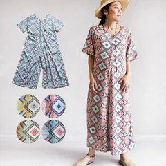オールインワン サロペット パンツ ズボン エスニック ボトムス ワイド オーバーオール つなぎ レディース ファッション カジュアル ゆったり 半袖 Vネック ダイヤ柄 幾何学模様 アジアン 春 夏 秋 体型カバー 着痩せ リゾート大きいサイズ 大きめ