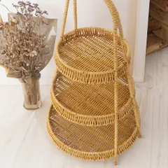 ラタン 調 3段 卓上 ラック トレイ バスケット アフタヌーンティースタンド ラタン風 バスケット かご 3層 収納 ラック スタンド 収納かご 