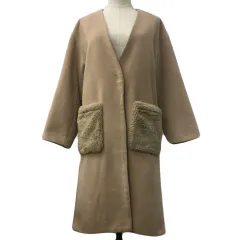 アースミュージック&エコロジー EARTH MUSIC & ECOLOGY Premium Label コート ノーカラー シングル ロング 比翼仕立て 無地 フェイクファー 長袖 F ベージュ