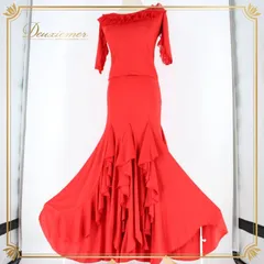 社交ダンス 衣装 スタンダード 上下セット ツーピース レッスンウェア パーティ衣装 無地 赤 フリル レッド系 派手 ロングスカート かわいい フリル付き おしゃれ ストレッチ マイクロファイバー カジュアル トレーニング ダンスレッスン ミニスカート