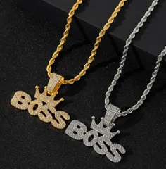 クラウン×アルファベット 満ダイヤ風 ペンダントネックレス｜ゴールドカラー｜HIPHOP メンズ 合金 派手アクセ ｜麻花チェーン（ツイスト）bu1