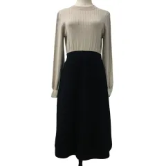 ロペピクニック ROPE Picnic ワンピース ニット フレア 膝丈 切替 ウエストゴム リブ 無地 長袖 38 ベージュ 黒 ブラック