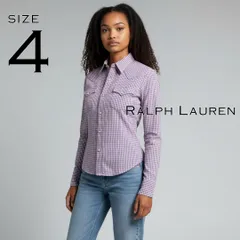 Ralph Laurenラルフローレン 80s コットン製クリアガラスボタン ギンガムチェック柄シャツ 4 (M) ラベンダー【古着】【中古】【送料無料】