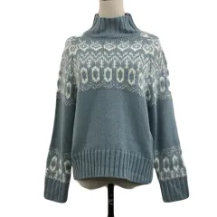 ロペピクニック ROPE Picnic セーター ニット ハイネック プルオーバー ラメ ノルディック 総柄 長袖 38 水色 ライトブルー