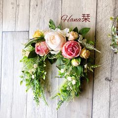 フラワーリース 春の足音6 咲き誇る花たち 玄関リース 造花 大きめ