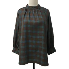 ピンクアドベ pink adobe ブラウス シャツ プルオーバー スタンドカラー ギャザー チェック 長袖 L 茶 青 ブラウン ブルー