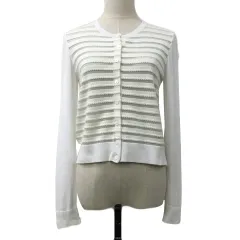 ナチュラルビューティーベーシック NATURAL BEAUTY BASIC カーディガン ニット ラウンドネック 切替 シアー ラメ ボーダー 長袖 M 白 緑 ホワイト グリーン