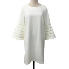 エアリーフェアリー AIRY FAIRY ワンピース Iライン ひざ丈 はしごレース 無地 ベルスリーブ 長袖 S 白 ホワイト