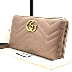 【やわらかく映える手元】　GUCCI　長財布 ラウンドファスナー GGマーモント キルティング Vステッチ 12カード レザー 付属品完備　ピンクベージュ