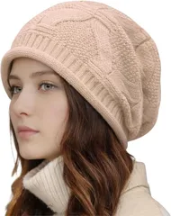 FARFADET ニット帽 ビーニー ニットキャップ メンズ レディース フリース 裏地付き 秋冬 防寒 暖かい ケーブル 柔らかい 伸縮性 (ベージュ,  Free Size)