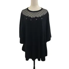 スナイデル SNIDEL セーター ニット プルオーバー ラウンドネック ポンチョ風 切替 ドット アンゴラ混 刺繍 花柄 レース 透け感 フレアスリーブ 七分袖 F 黒 ブラック
