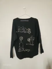 猫 刺繍 ブラック ニット