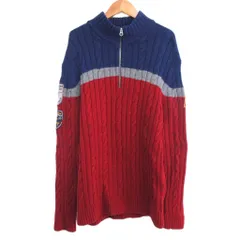 エディーバウアー EDDIE BAUER ケーブルニット セーター ハーフジップ ロゴ ワッペン 切替 ウール M ネイビー グレー レッド 系 1219