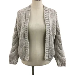 グレイル GRL カーディガン ニット ノーカラー 前開き ケーブル編み 長袖 F グレー 白 ホワイト