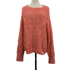 ミスティック mystic セーター ニット プルオーバー ラウンドネック 透かし編み 無地 長袖 F ピンク