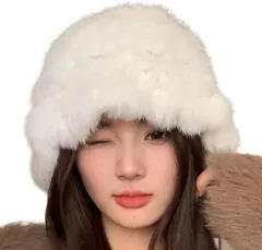 FARFADET ラビット ファー バケット ハット レディース ふわふわ ニット 帽子 秋冬 防寒 あったか かわいい ウサギ プレゼント ゆったり キャスケット バケハ おしゃれ (ホワイト,  Free Size)