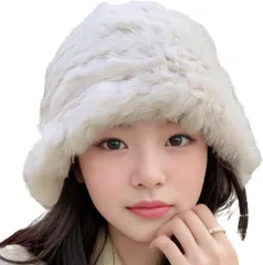 FARFADET ラビット ファー バケット ハット レディース ふわふわ ニット 帽子 秋冬 防寒 あったか 暖かい 無地 かわいい 人気 ギフト ウサギ プレゼント ゆったり キャスケット バケハ おしゃれ (ベージュ,  Free Size)