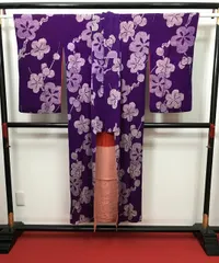 【中古】 Sサイズ 長襦袢 正絹 アンティーク 紫地に絞り染風 広衿 