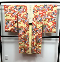 【中古】 Sサイズ 長襦袢 正絹 朱色地に花鼓模様 アンティーク 最強配送