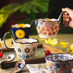 マグカップ 手描き ハンドル付き セラミック 家庭用 朝食用 オフィス カップル コーヒーカップ M26123-21