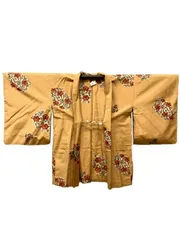 【中古】裄63 羽織 正絹 薄茶色地に地紙模様 アンティーク羽織 銘仙 Mサイズ