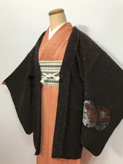 【中古】Mサイズ 羽織 正絹 黒地に雪輪文様 アンティーク