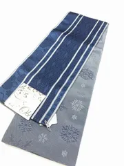 新品 半幅帯 化繊 青地に小紋縞文様 リバーシブル 最強配送