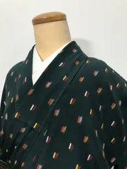 【中古】Sサイズ 正絹 小紋 グリーン地に絣模様 アンティーク 袷着物シーズン冬