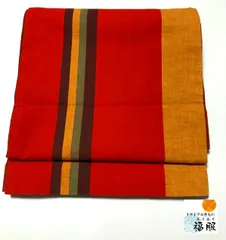 1100円【中古】名古屋帯 綿 朱色地に縞文様 全通柄 京袋帯