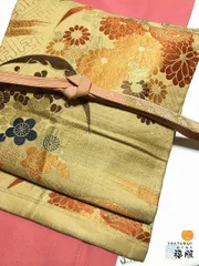 3300円 【中古】名古屋帯 正絹 アンティーク 六通柄 九寸 芥子色地に貝合わせ文様