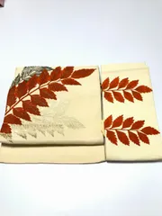 1100円　【中古】 交織 作り帯 お太鼓結び型 白地に枝葉文様 九寸 お太鼓柄 名古屋帯の付け帯 