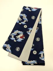 新品 半幅帯 綿 青色地に龍 リバーシブル 福服特製 モダン 和柄 浴衣帯 最強配送